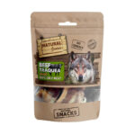 Vista detallada del snack deshidratado tráquea pequeña de ternera para perros de Emperrados.|Envase completo del snack deshidratado tráquea pequeña de ternera de Emperrados.