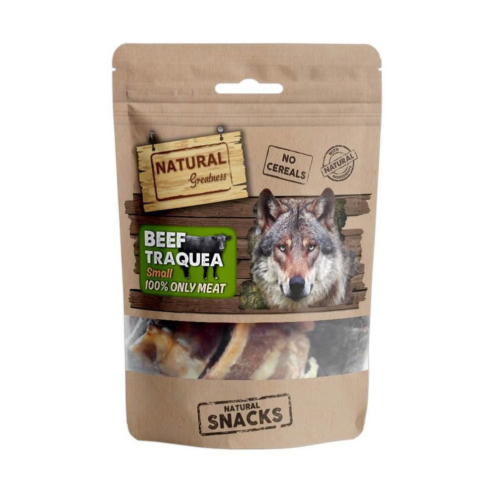 Vista detallada del snack deshidratado tráquea pequeña de ternera para perros de Emperrados.|Envase completo del snack deshidratado tráquea pequeña de ternera de Emperrados.
