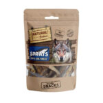 Vista frontal del snack deshidratado de espadines para perros