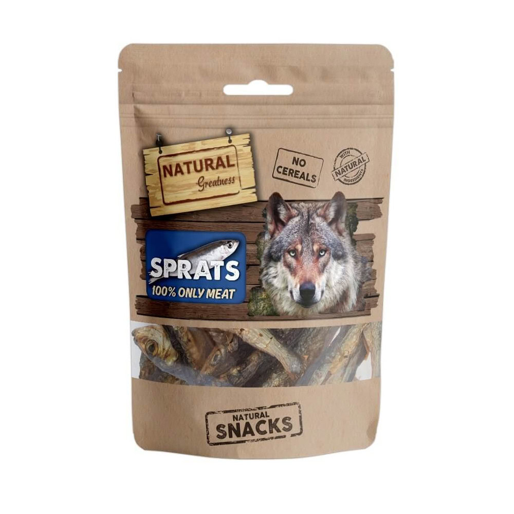Vista frontal del snack deshidratado de espadines para perros