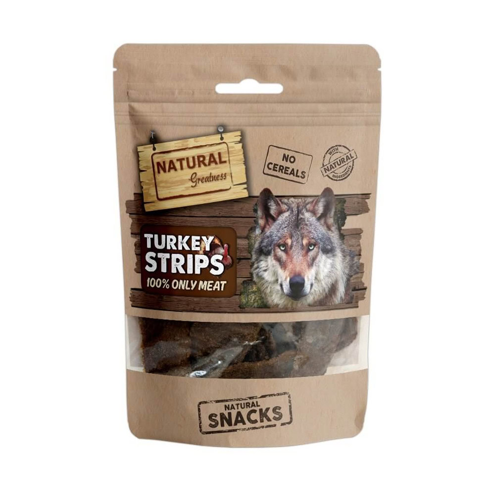 Imagen del empaque del snack de pavo natural para perros|Close-up del ingrediente principal del snack de pavo natural para perros