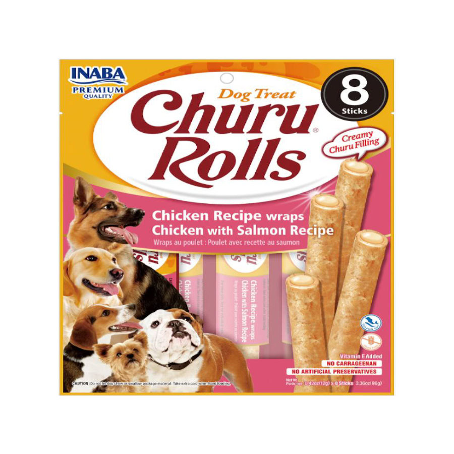 Churu Sticks Rolls de Pollo y Salmón para perros de Inaba disponible en Emperrados para cuidar a tu peludo.