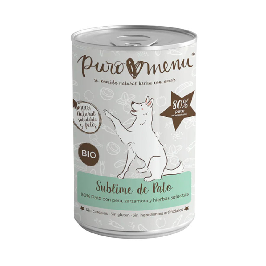 Puromenu Sublime Pato Bio Lata para perros de Puro Menú disponible en Emperrados para cuidar a tu peludo.