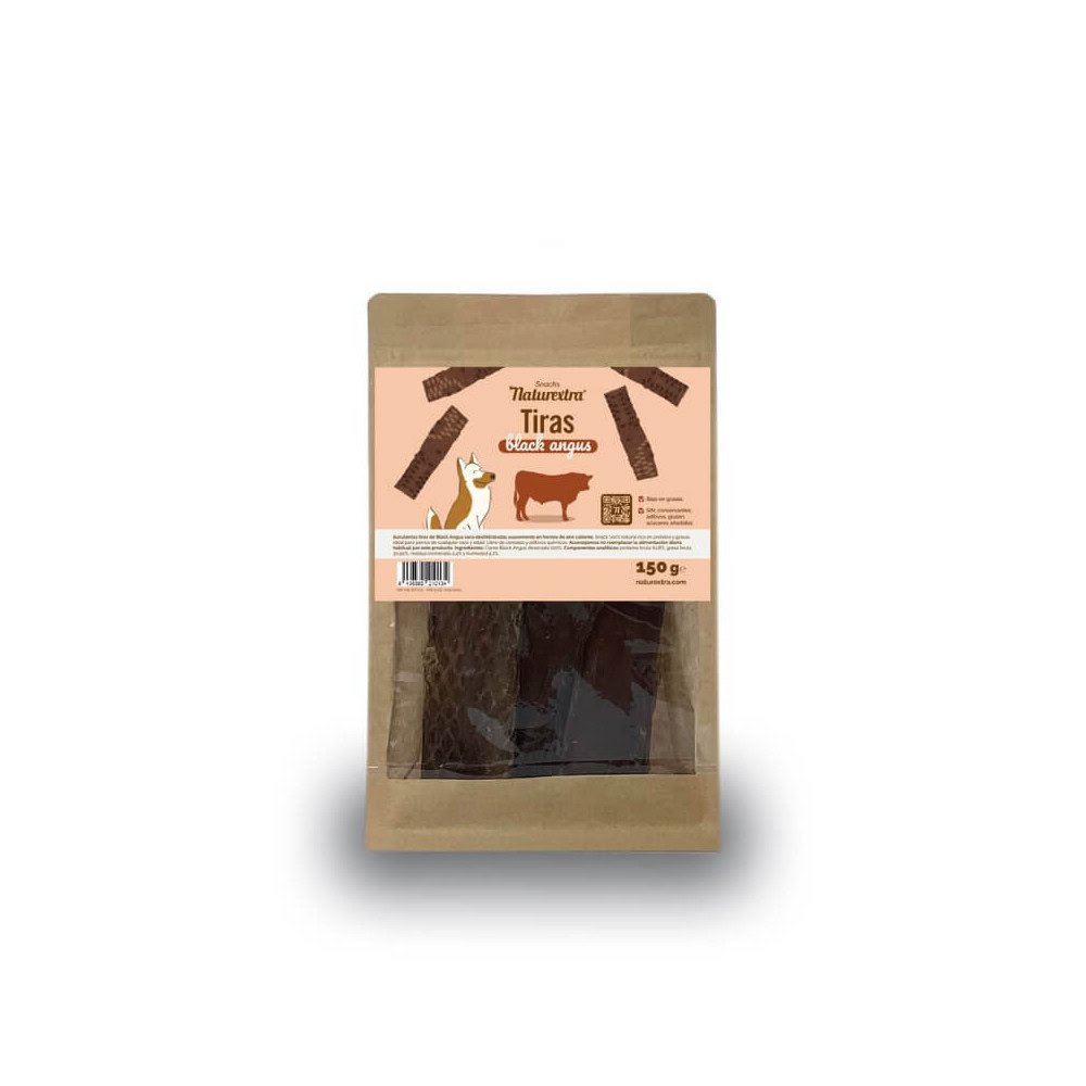 Vista frontal del paquete de Tiras de Carne Deshidratadas Black Angus para perros.|Detalle del ingrediente de las Tiras de Carne Deshidratadas Black Angus mostrando su textura.