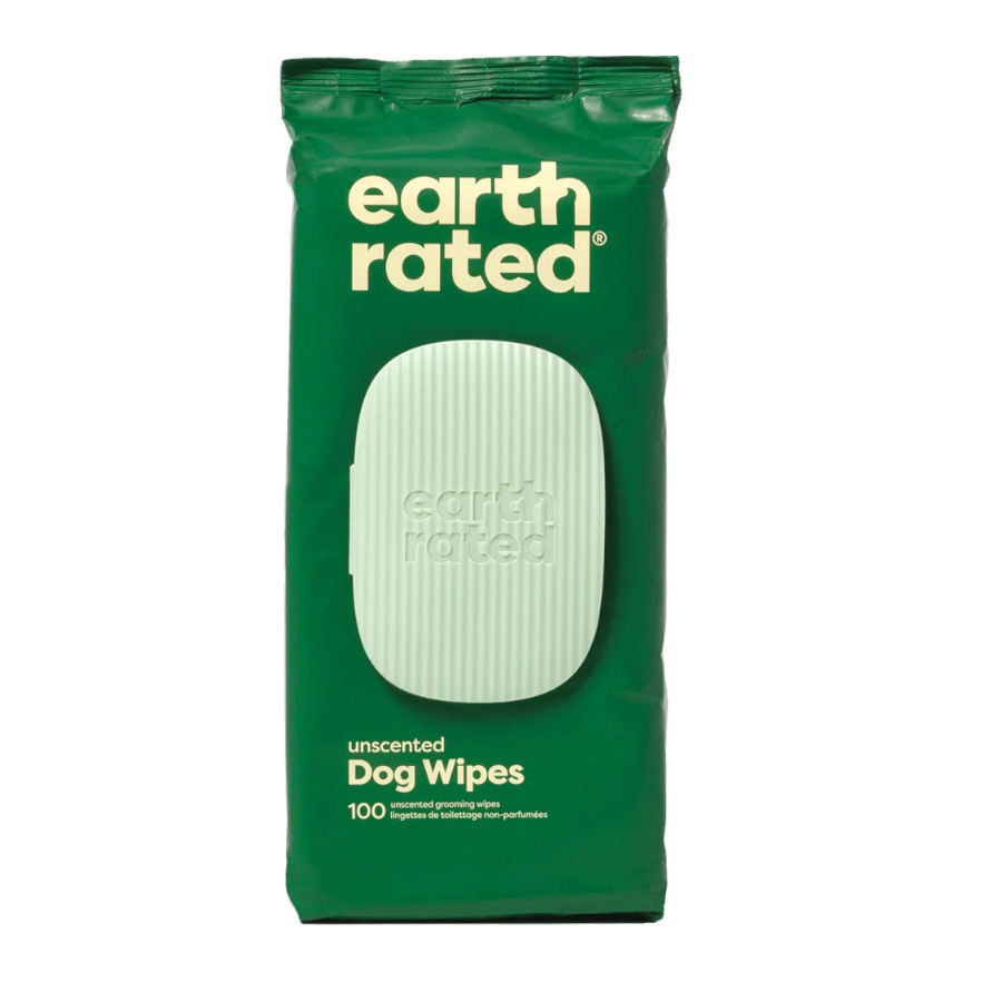 Vista frontal del empaque de toallitas húmedas Earth Rated para perros de Emperrados.