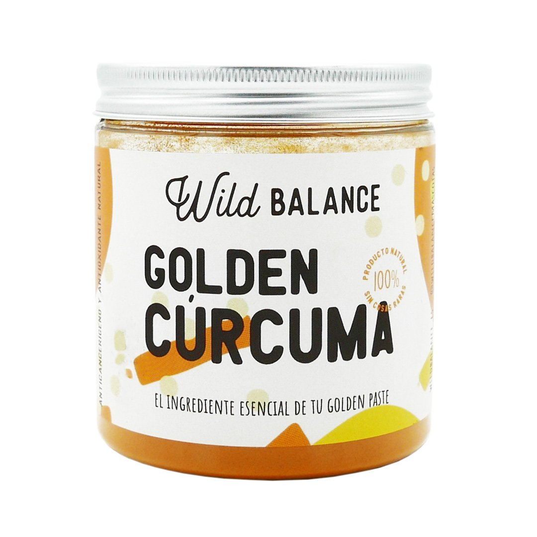 Vista frontal del suplemento antiinflamatorio y antioxidante Golden Cúrcuma de Emperrados.