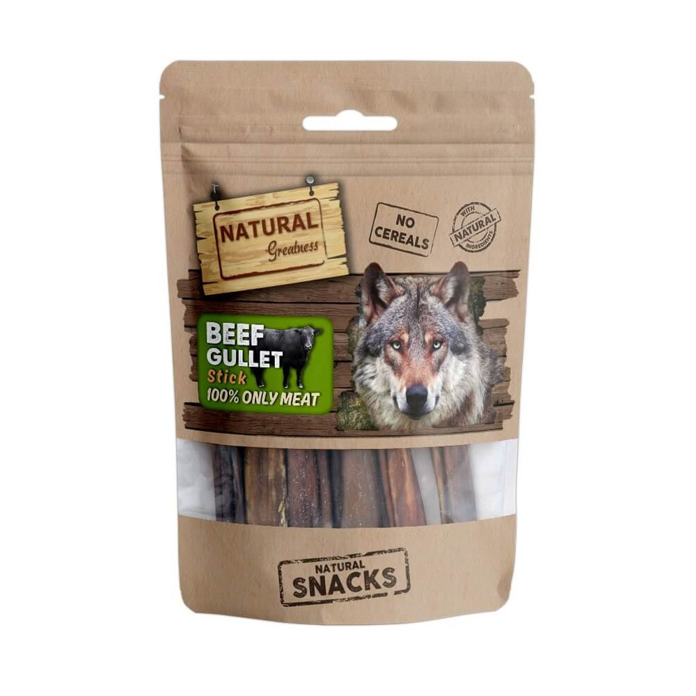 Vista frontal del snack deshidratado de ternera para perros de Emperrados|Detalle cercano del ingrediente principal en el stick de ternera deshidratado de Emperrados