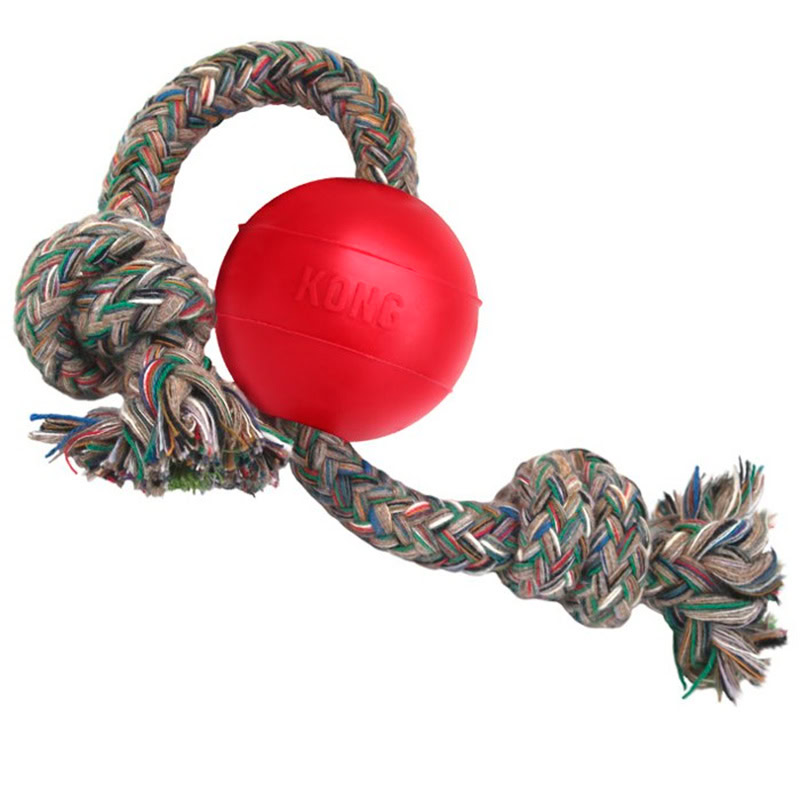 Kong Pelota BALL con Cuerda (Atravesada) de Caucho DURADERO Roja T.S para Perros de Kong disponible en Emperrados para cuidar a tu peludo.