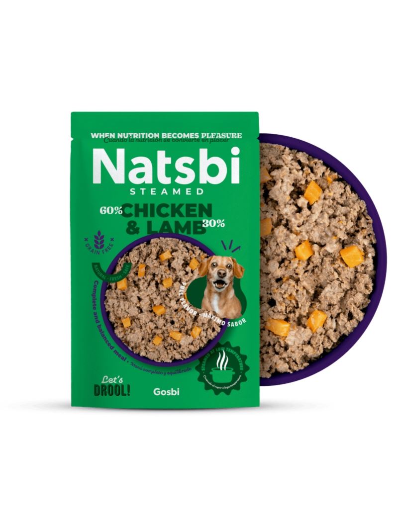 Natsbi STEMEAD CHICKEN & LAMB (Pollo y Cordero) al VAPOR - Alimento Húmedo - para Perros de Gosbi disponible en Emperrados para cuidar a tu peludo.