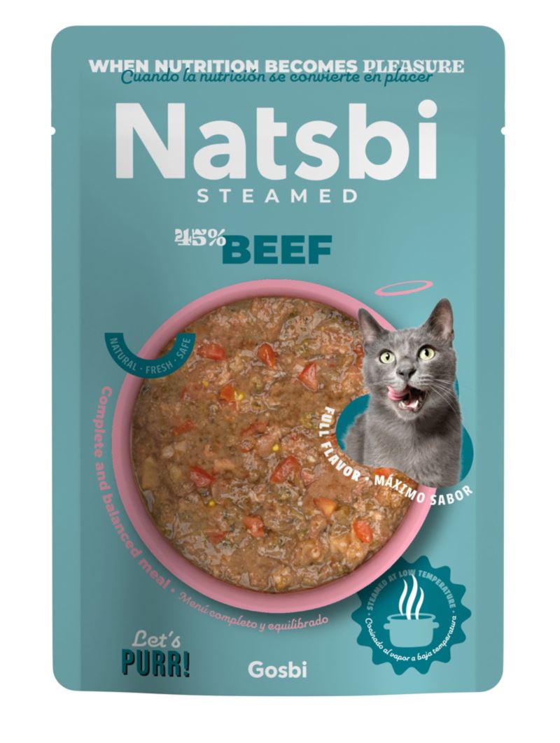 Natsbi STEMEAD BEEF (Ternera) al VAPOR - Alimiento Húmedo - 80 g para Gatos de Gosbi disponible en Emperrados para cuidar a tu peludo.