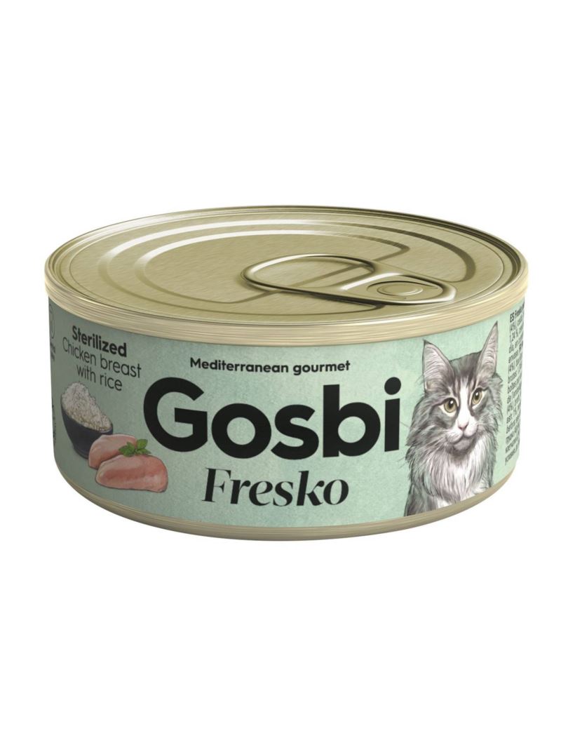 Gosbi Fresko Lata PECHUGA DE POLLO Y ARROZ - Alimento Húmedo - 70 g para Gatos Esterilizados de Gosbi disponible en Emperrados para cuidar a tu peludo.
