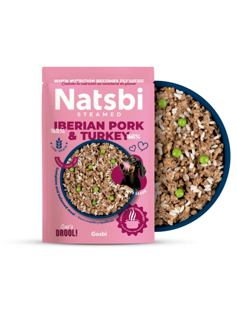 Natsbi STEMEAD IBERIAN PORK & TURKEY (Cerdo y Pavo) al VAPOR - Alimento Húmedo - para Perros de Gosbi disponible en Emperrados para cuidar a tu peludo.