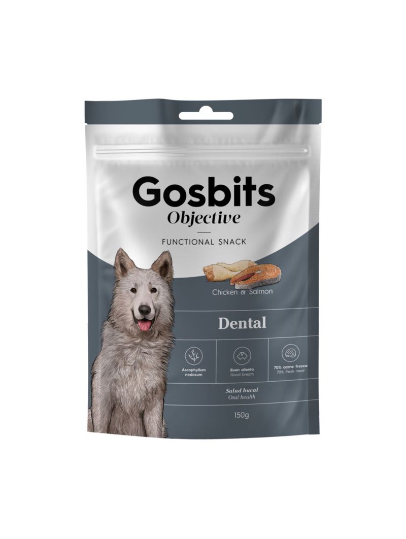 Gosbits Objective DENTAL Snacks POLLO Y SALMÓN con Algas Secas (Salud Bucal) 150 g para Perros de Gosbi disponible en Emperrados para cuidar a tu peludo.
