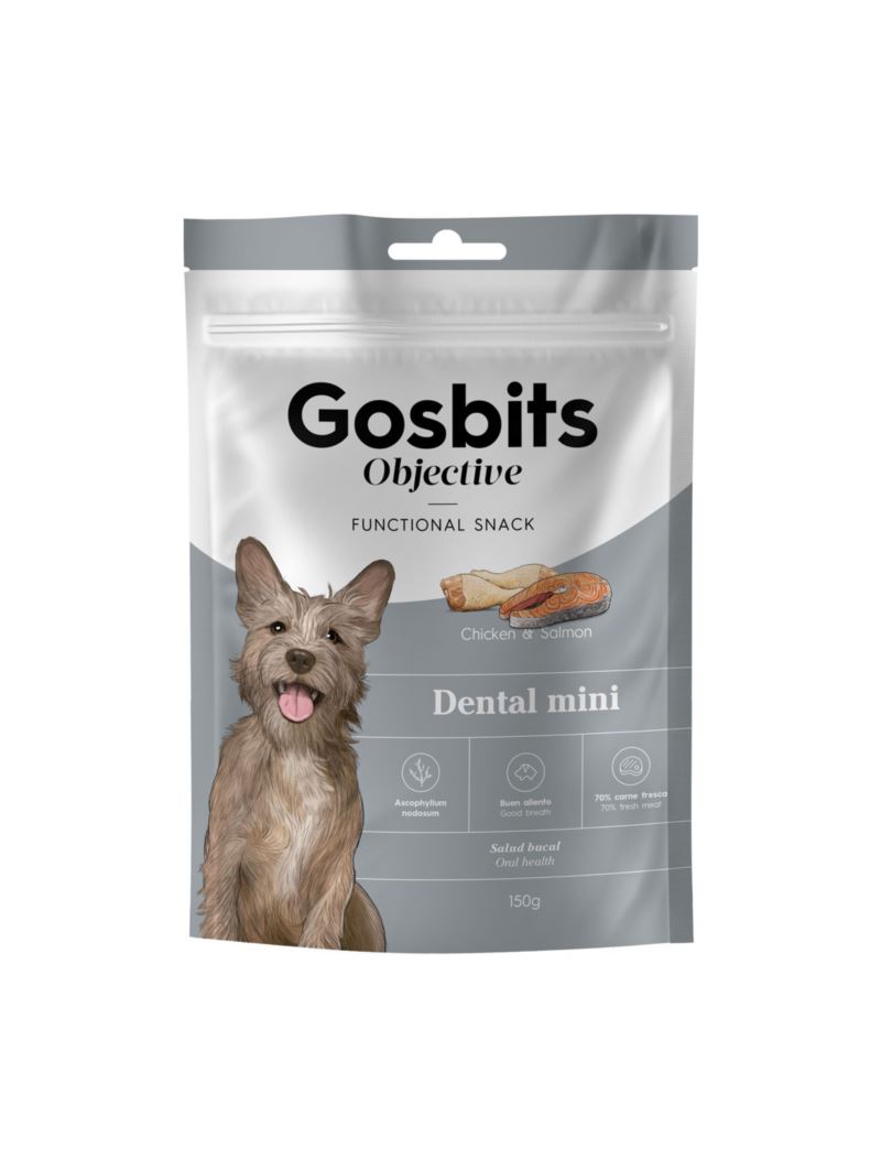 Gosbits Objective DENTAL MINI Snacks POLLO Y SALMÓN con Algas Secas (Salud Bucal) 150 g para Perros Pequeños de Gosbi disponible en Emperrados para cuidar a tu peludo.