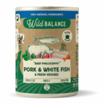 Wild Balance Comida HÚMEDA Completa - LATA CERDO Y PESCADO BLANCO (Merluza) con Verduras (Filosofía BARF) 400 g para Perros