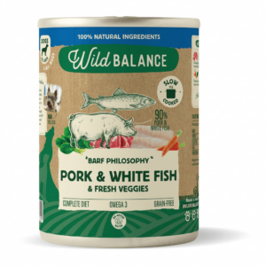 Wild Balance Comida HÚMEDA Completa - LATA CERDO Y PESCADO BLANCO (Merluza) con Verduras (Filosofía BARF) 400 g para Perros